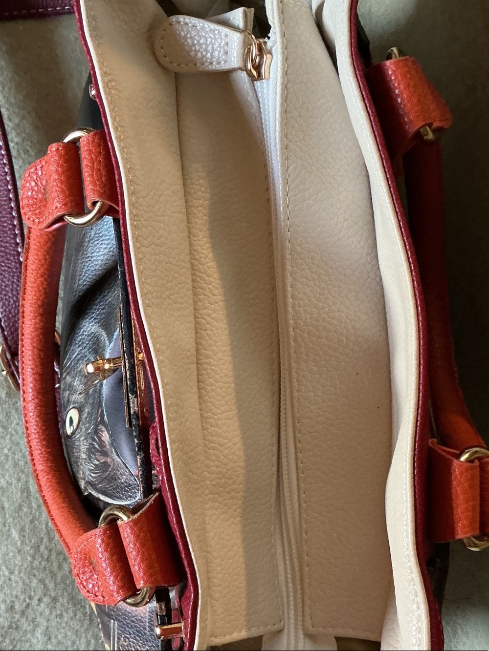 The Bradford Exchange Black Cat Satchel in Burgundy, Orange and Cream - Picture 4 of 9
